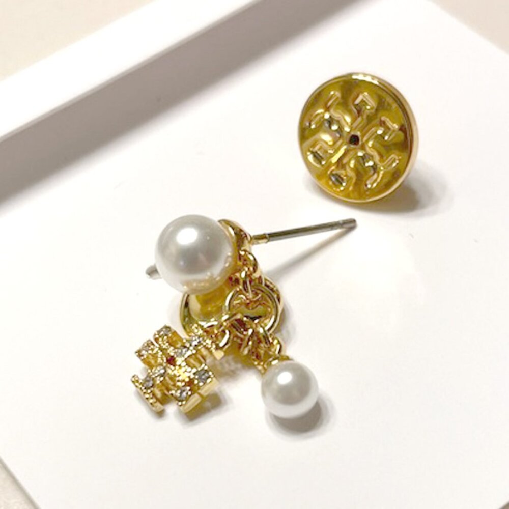 Tory Burch Crystal/Faux Pearl Heart Charm Dangle/Drop Earrings - Picture 6 of 7